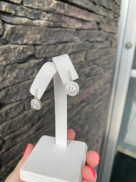 Double Halo Dangle Earrings CZ SS